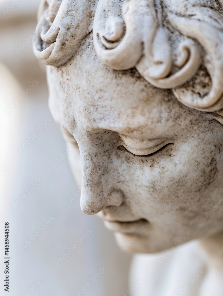 Poster close-up view of an aged marble statue's face, showcasing detailed carving and subtle discoloration,