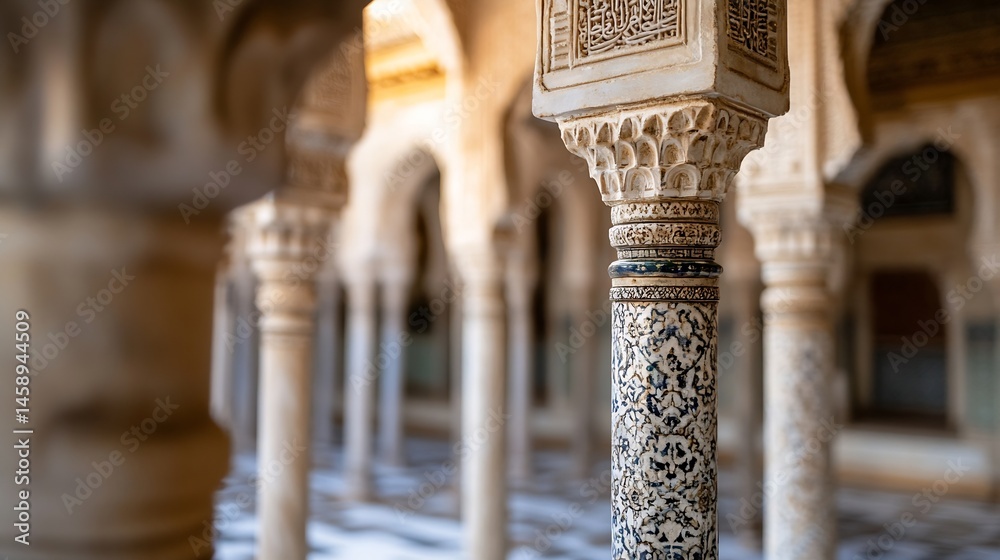 Poster Intricate details of a carved stone column in a historical palace courtyard, showcasing ornate patterns and craftsmanship, with blurred background of similar columns and arches. : Generative AI