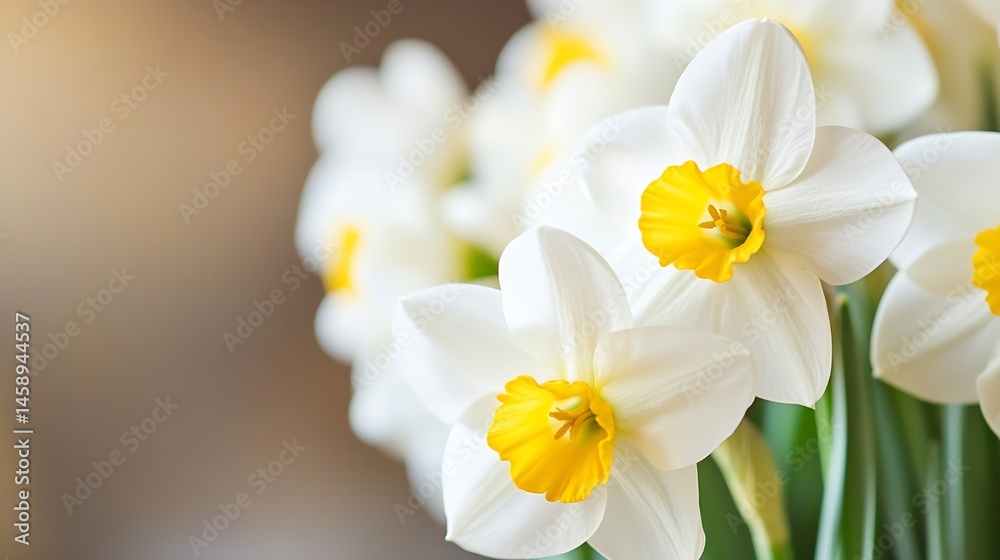 Aufkleber Close-up view of delicate white daffodils with vibrant yellow centers, showcasing their intricate petals and soft texture.  The flowers are artfully arranged, creating a visually appea : Generative AI