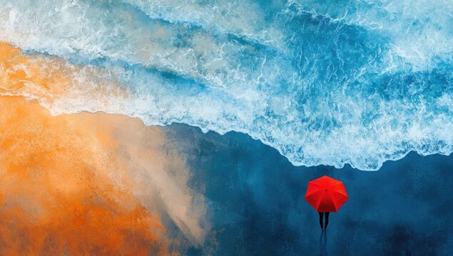 A person holding a red umbrella standing on a beach, with ocean waves in the background. The image has a top-down perspective.