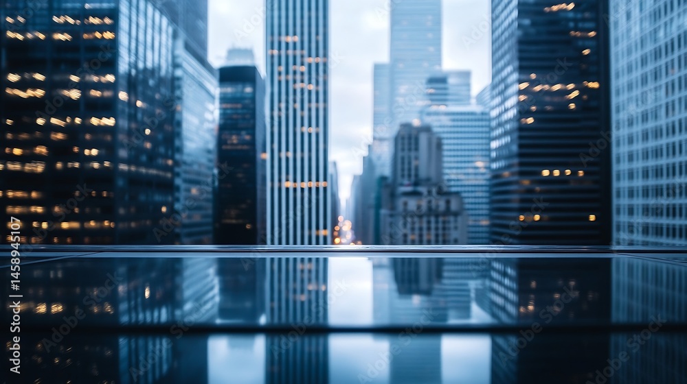 Poster reflective cityscape view from a modern building, showcasing a blurred panorama of skyscrapers at du