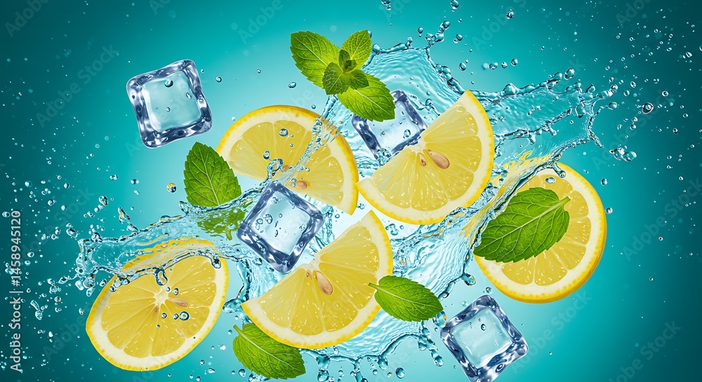 Fototapete fresh mint leaves and lemon slices floating among crushed ice, with sparkling water droplets splashi