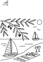 A sailboat with a white sail glides on the blue sea under the summer sun, a perfect nautical symbol of ocean travel and vacation