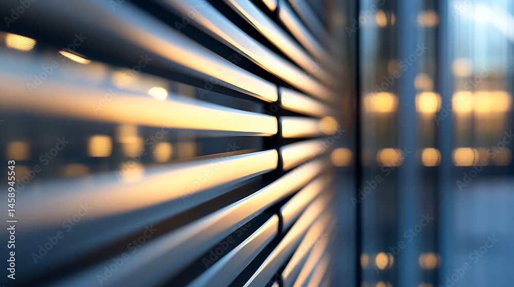Leinwandbilder close-up view of metallic, horizontal slats reflecting warm, golden light, creating a modern, archit