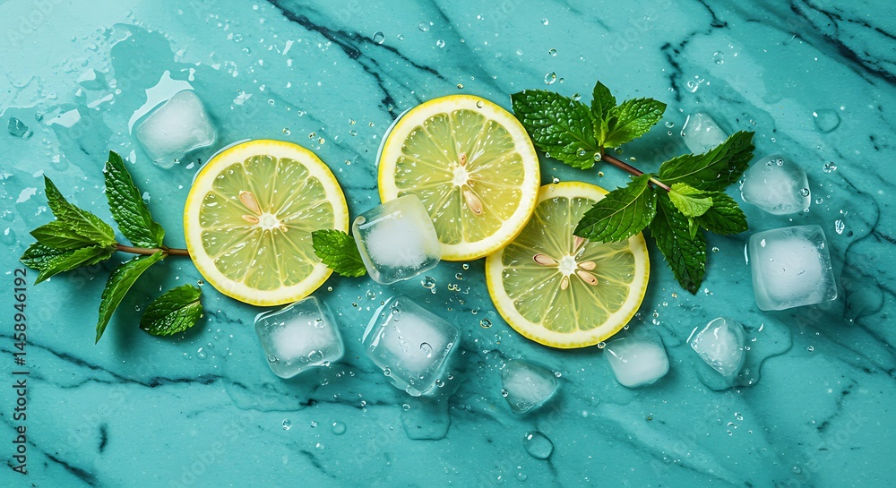 Fototapete fresh mint leaves and lemon slices floating among crushed ice, with sparkling water droplets splashi