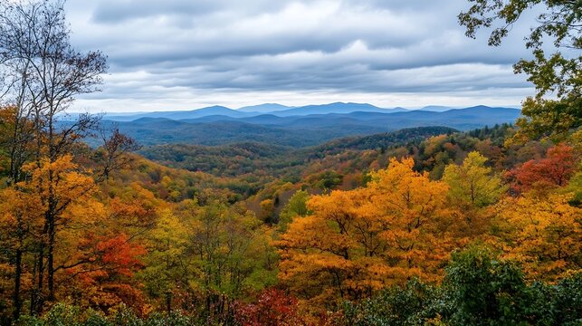 Autumnal landscape showcasing vibrant foliage in hues of gold, orange, and red, set against a backdrop of hazy blue mountains under a cloudy sky. : Generative AI