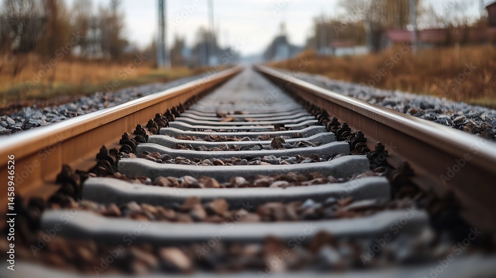 Poster close-up view of railway tracks extending into the distance, showcasing the steel rails, concrete sl