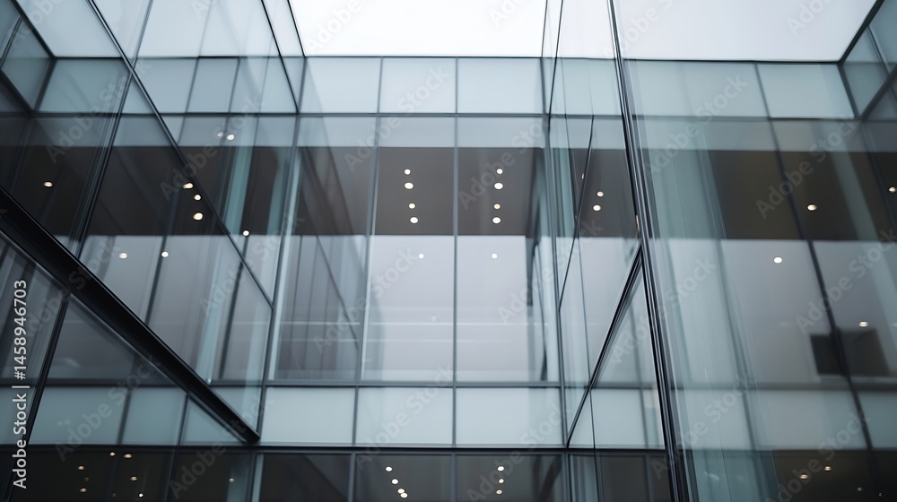 Poster modern glass building exterior, showcasing a geometric pattern of reflective windows and sleek metal