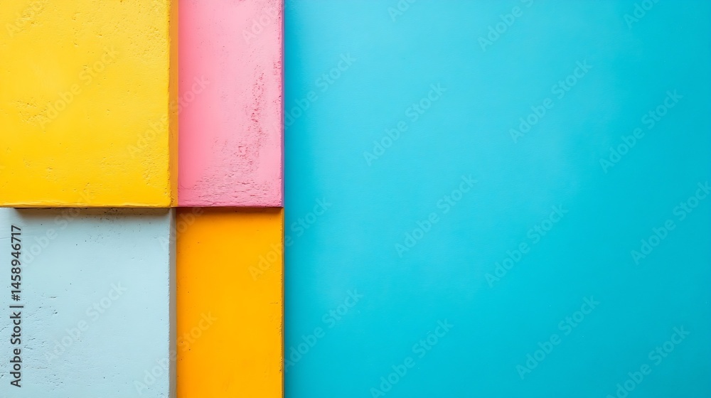 Poster abstract geometric composition featuring vibrant yellow, pink, light blue, and orange blocks against