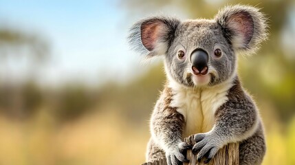 Fototapeta premium Adorable koala joey perched on weathered wood, gazing directly at the camera against a softly blurred natural background of golden and blue hues. : Generative AI