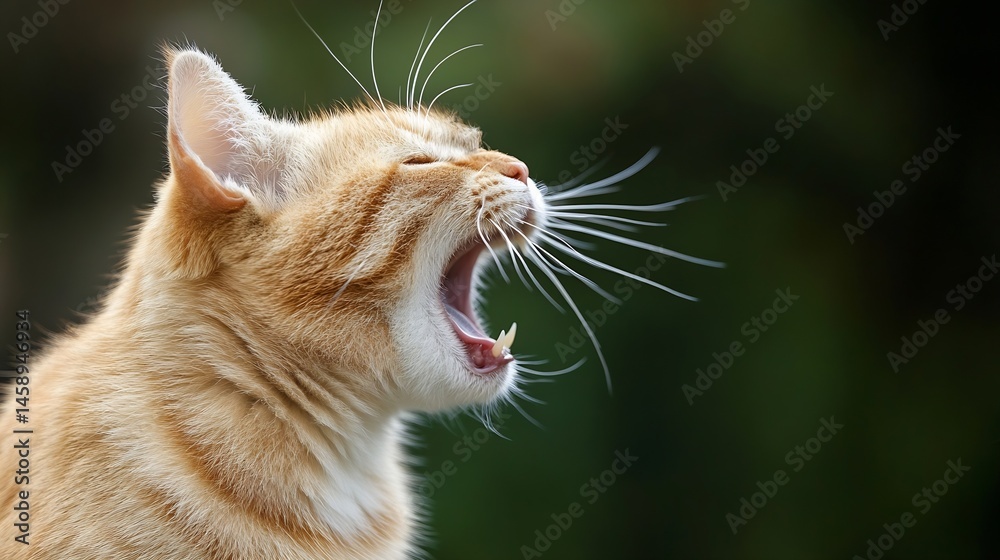 Poster close-up profile of a ginger cat yawning widely, showcasing its teeth and whiskers against a blurred