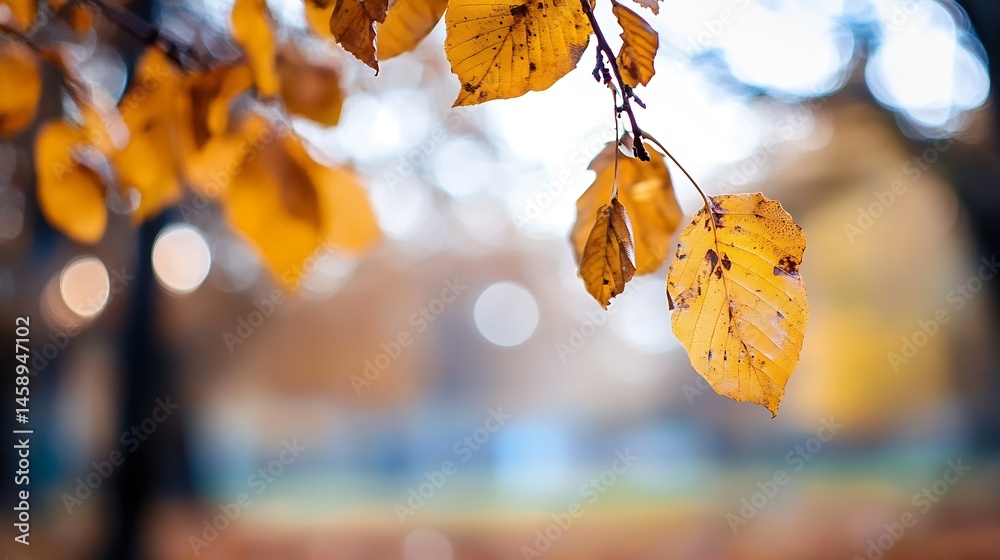 Aufkleber close-up of autumn leaves hanging from a branch, showcasing their golden hues and intricate venation