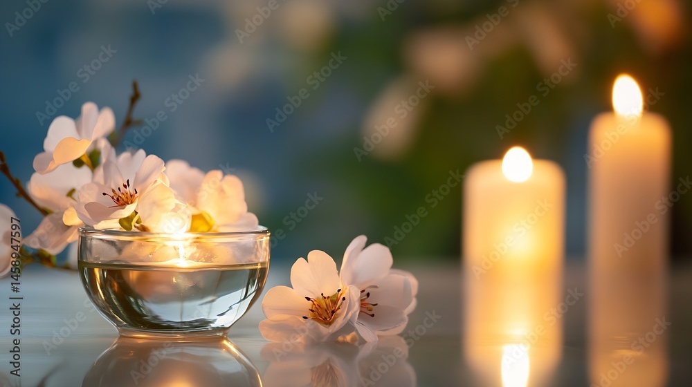 Aufkleber serene spa setting with blooming almond blossoms, floating candle in aromatherapy oil, and softly li