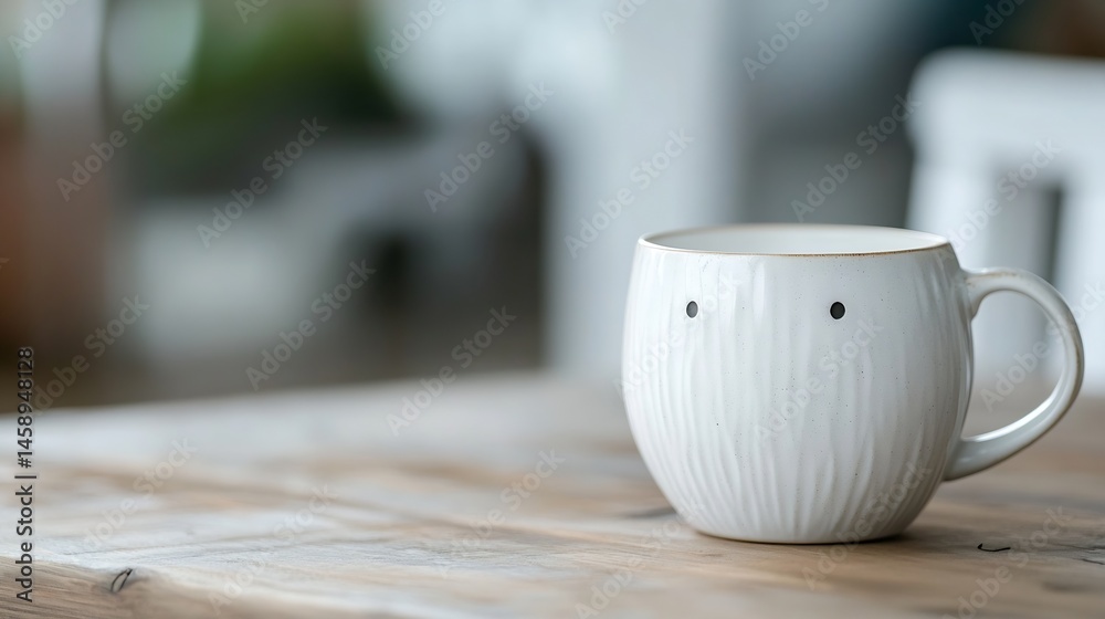 Leinwandbilder a white ceramic mug with subtle vertical lines and two small black dots sits on a light brown wooden