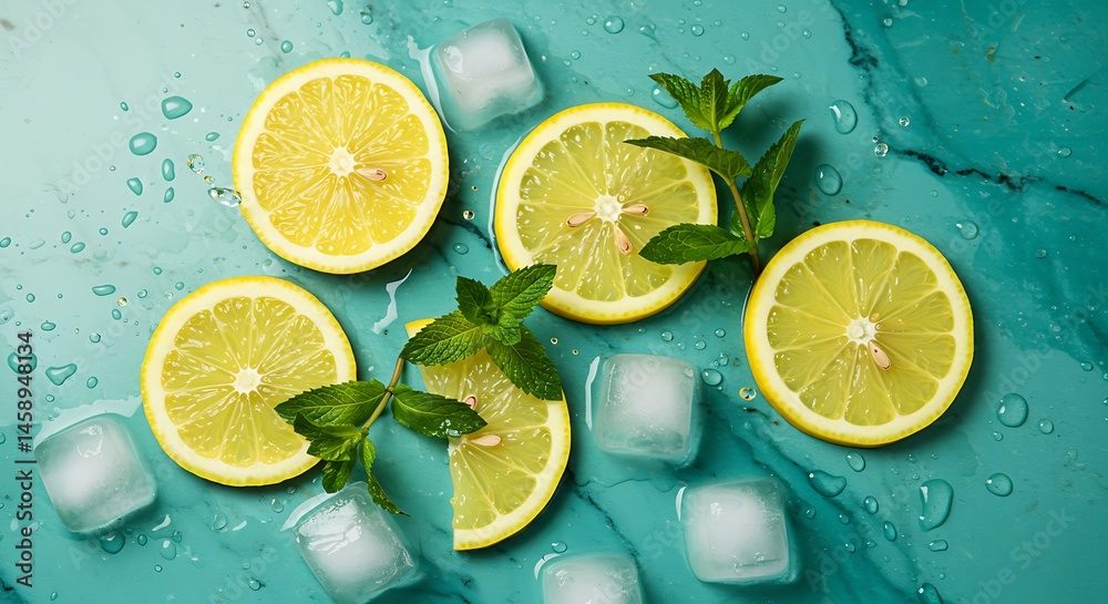 Fototapete fresh mint leaves and lemon slices floating among crushed ice, with sparkling water droplets splashi