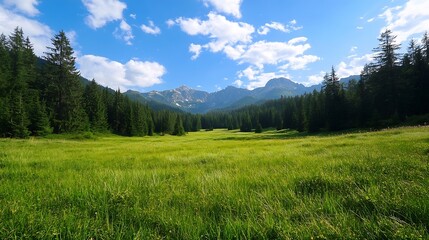 Fototapeta premium Serene mountain valley landscape featuring a lush green meadow, surrounded by a dense coniferous forest and majestic rocky peaks under a vibrant blue sky with fluffy clouds. : Generative AI