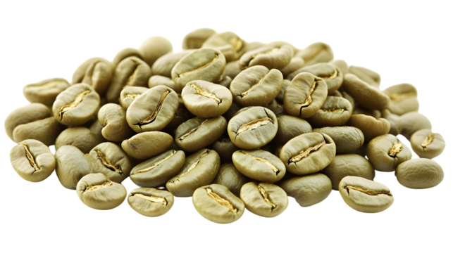 Fresh Green Coffee Beans Pile on White Background - Isolated