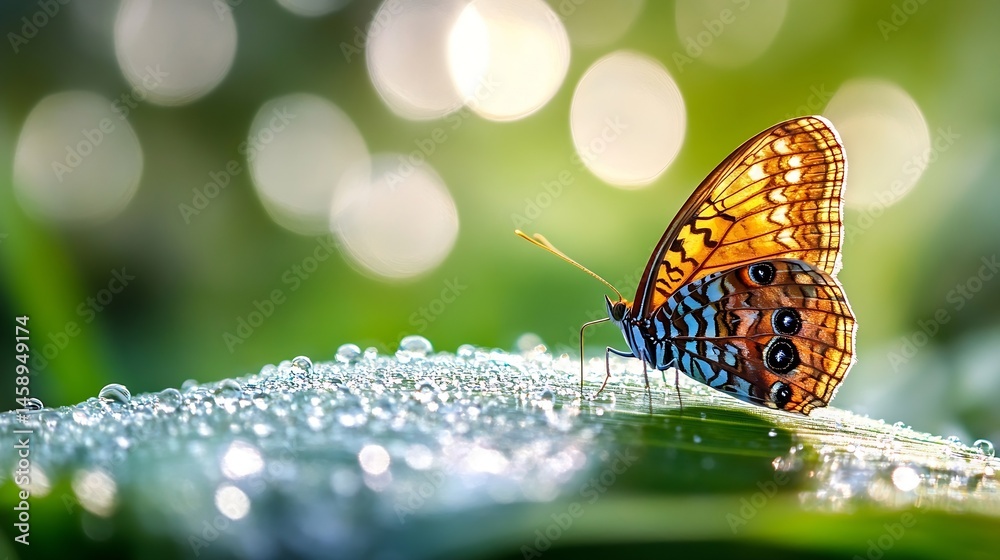Poster a vibrant butterfly with orange and blue wings rests on a dew-covered leaf, bathed in soft morning s