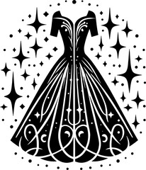 A black dress illustration with stars and dots in a circular pattern on a white background