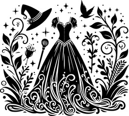 A black and white illustration of a witch's hat dress and broom surrounded by floral elements