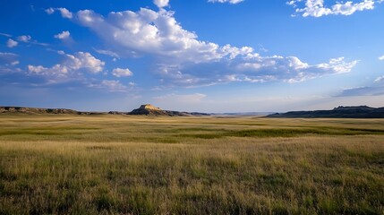 Fototapeta premium Vast prairie landscape under a partly cloudy blue sky, featuring a distinctive butte in the mid-ground, showcasing the beauty of the American West's natural scenery. : Generative AI