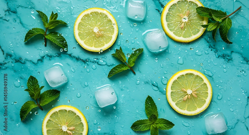 Fototapete fresh mint leaves and lemon slices floating among crushed ice, with sparkling water droplets splashi