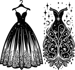 Two dresses with celestial and floral designs in black and white vector illustration style art