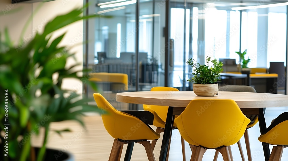 Poster modern office interior with yellow chairs around a wooden table, a small plant adds a touch of natur