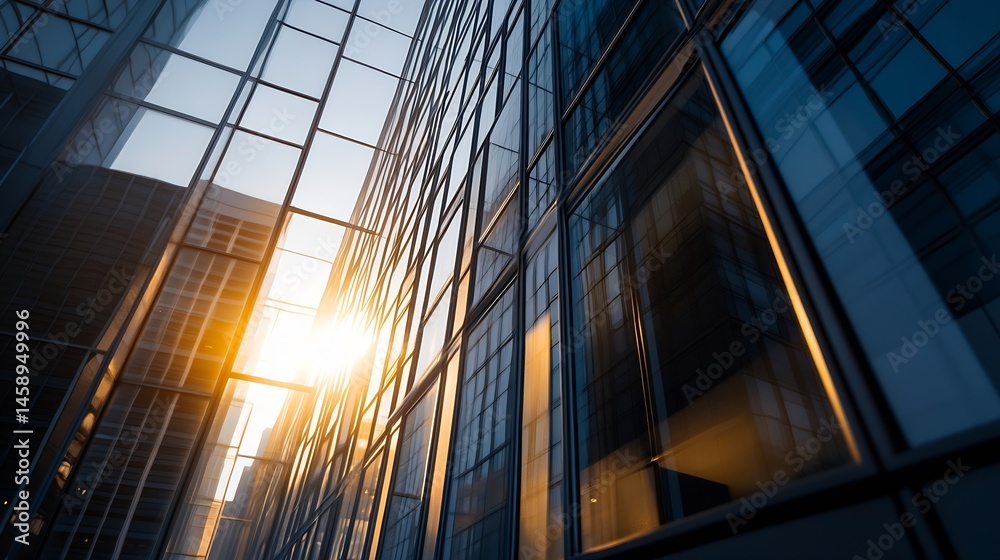Poster sunset illuminates the glass facade of a modern skyscraper, reflecting the city skyline in its windo