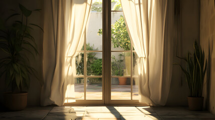 Fototapeta premium Sunlight Streaming Through French Doors: A serene and inviting interior space is illuminated by warm sunlight streaming through French doors, creating a soft.