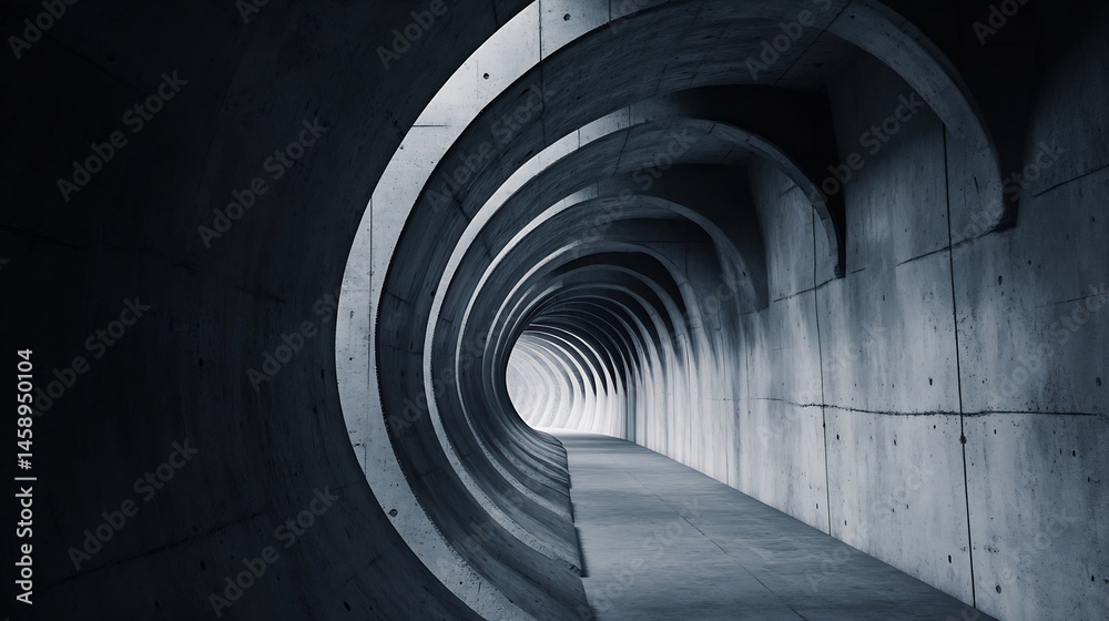 Poster a long, dark corridor with a spiraling concrete wall leads to a bright light at the end, creating a 