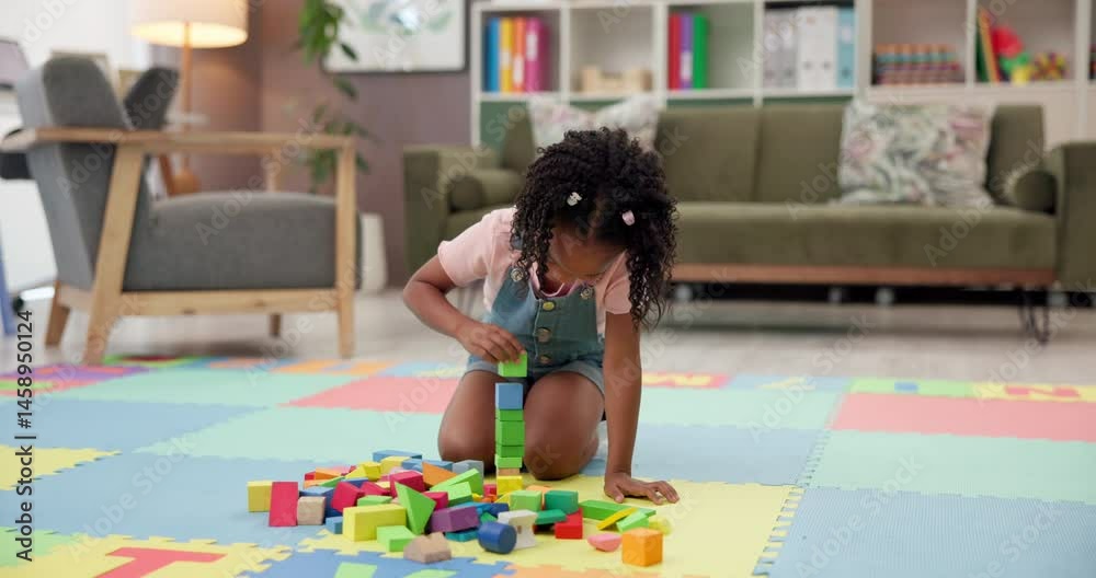 Aufkleber Building blocks, playing and child on floor in office for psychology with cognitive development or creativity. Learn, behavior analysis and kid with educational toys for fine motor skills or sensory.