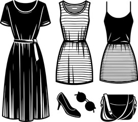 Illustration of three dresses with a shoe sunglasses and bag in black and white style drawing
