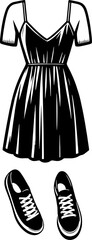 A fashion illustration featuring a woman silhouette, dress, and sneakers in black and white style