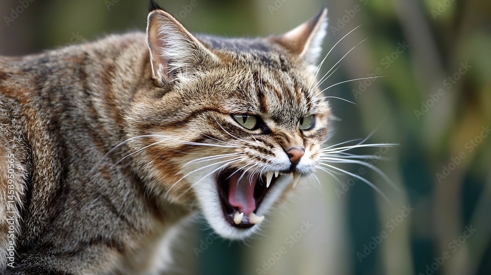 Aufkleber close-up of an aggressive tabby cat with bared teeth, showing its sharp fangs and intense green eyes