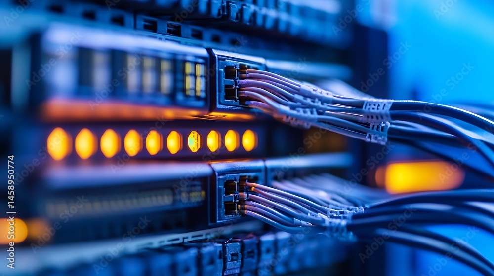 Poster close-up view of network cables connected to a server rack, glowing orange lights illuminate the por