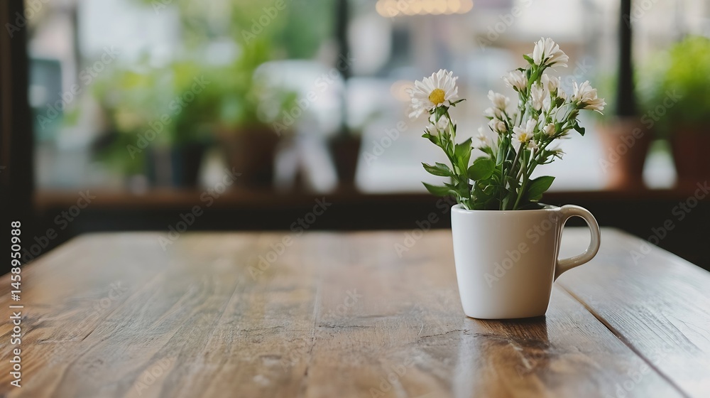 Poster white daisies in a small white mug sit on a rustic wooden table, near a blurred window with greenery