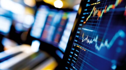 Close-up view of multiple computer screens displaying dynamic stock market data, graphs, and financial charts in a dark, professional setting. : Generative AI