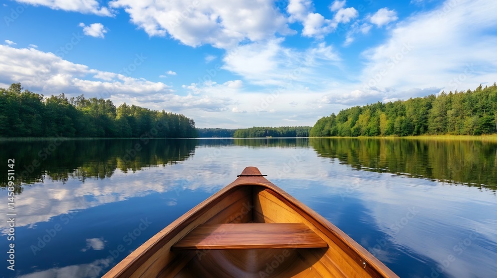 Aufkleber canoe ride on a calm lake, surrounded by lush green forest under a vibrant blue sky with fluffy whit