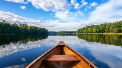 Obraz premium Canoe ride on a calm lake, surrounded by lush green forest under a vibrant blue sky with fluffy white clouds. The tranquil water reflects the trees and sky, creating a serene and peac : Generative AI