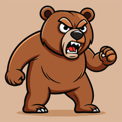 Cartoon brown bear fiercely roars with a menacing expression, appearing quite agitated and ready to fight
