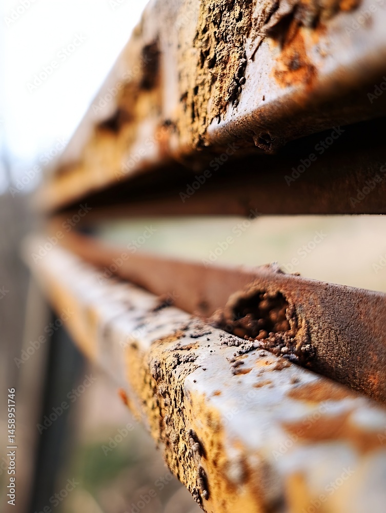 Poster close-up view of heavily rusted metal beams, showing texture and decay. the orange and brown hues of