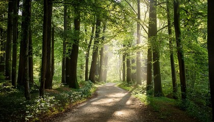 Fototapeta premium forest path lit by gentle sunlight as it winds through a tranquil grove of trees vertical