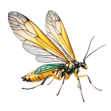 An isolated yellow and green insect with transparent wings is in full view