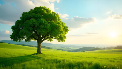 Fototapeta premium A single majestic linden tree standing tall in the middle of an open field,