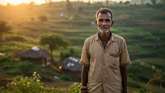 Senior Male Farmer Standing in Vibrant Green Landscape at Sunset, Showcasing Traditional Attire and Storytelling Essence of Rural Life