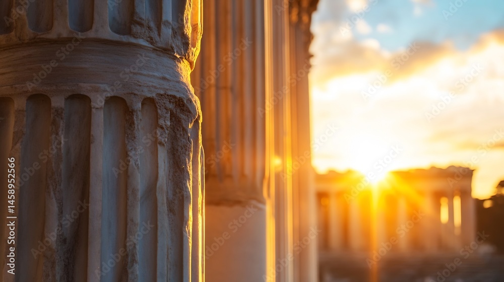 Poster ancient greek columns bathed in the warm golden light of a sunset, showcasing detailed textures and 