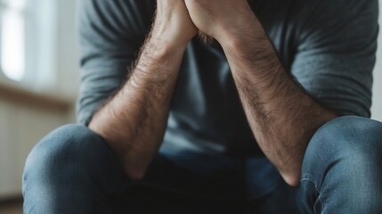 Close-up view of a man's hands clasped together, forearms hairy, wearing a gray shirt and blue jeans, seated, conveying a sense of worry or contemplation. : Generative AI
