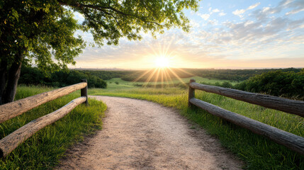 Fototapeta premium Serene pathway leads through lush greenery, framed by wooden fences, as sun rises over tranquil