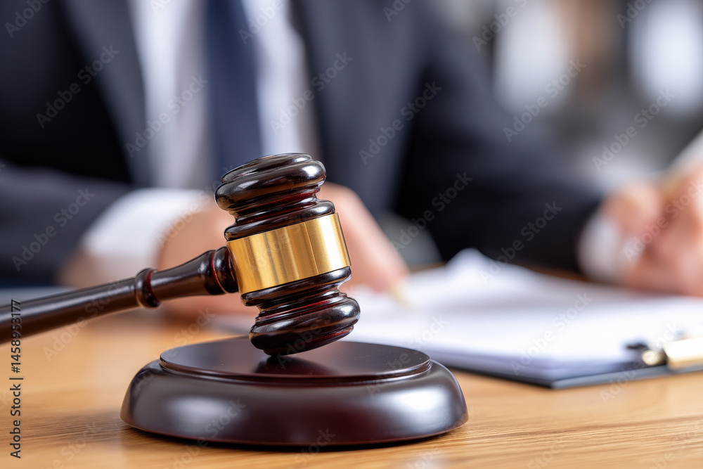 Aufkleber close-up of a judge's gavel resting on a wooden sound block, with a blurred background of a lawyer r